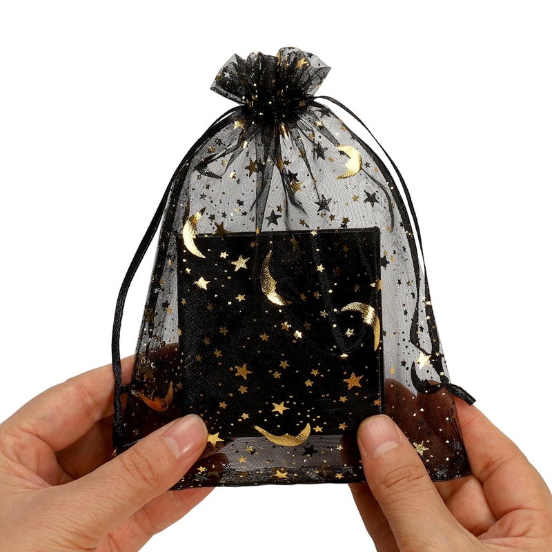 SUNGULF 100Pcs 5x7 Inches Sheer Drawstring Organza Bags Stars and Moon Wedding Party Favor Jewelry Candy Gift Pouches (Black) - Image 5